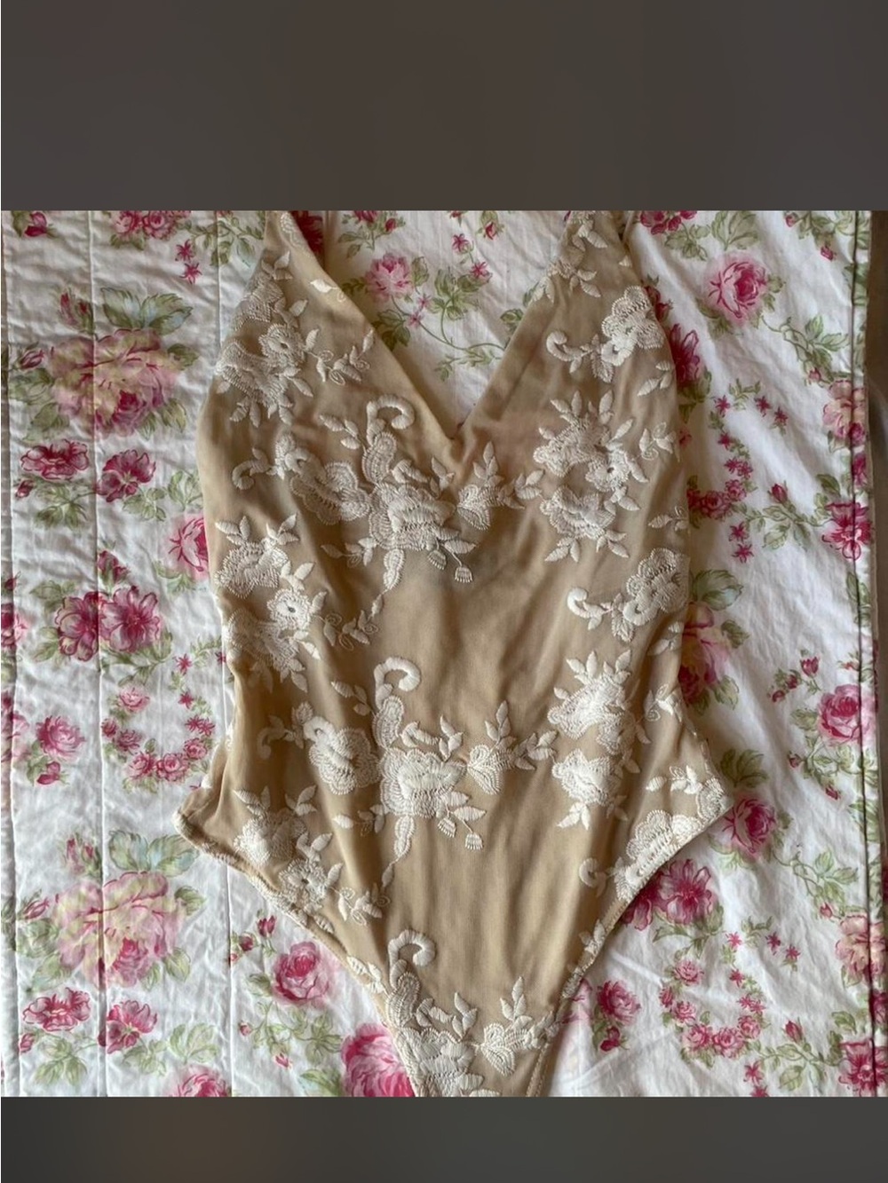 Forever 21 Beige Bodysuit with White Lace Appliqué